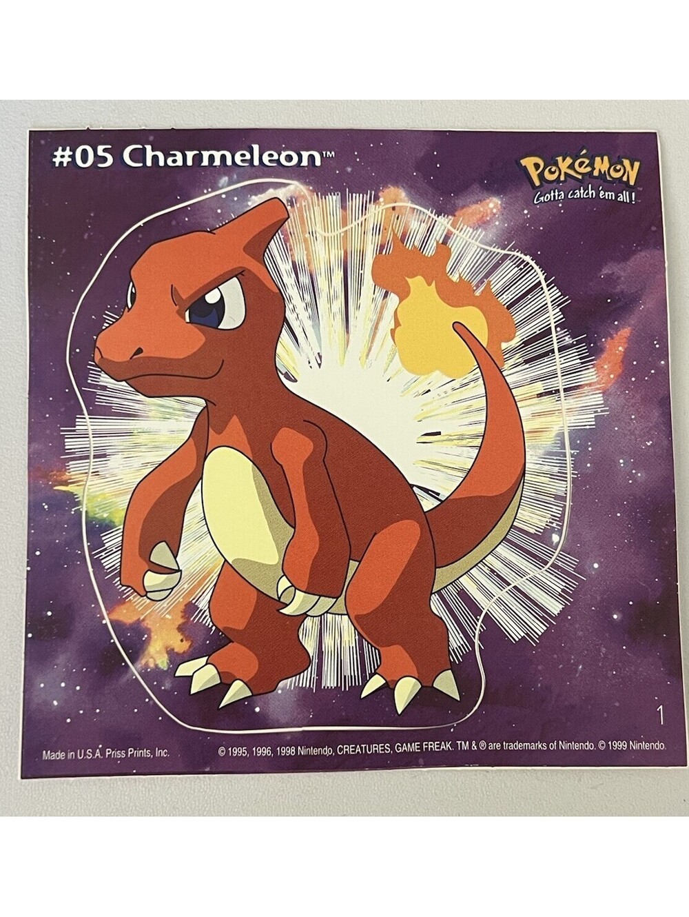 NOS Vintage Pokemon 1999 #05 Charmeleon Nintendo Sticker Gotta Catch 'em All!